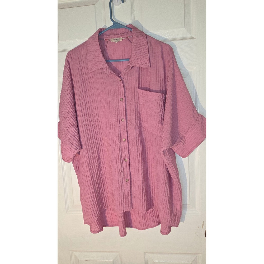 Umgee USA Pink Gauze Button Down Shirt Short Sleeve Textured Oversized Medium